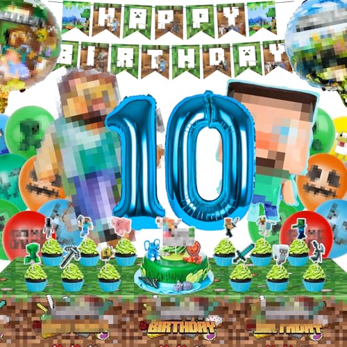 Luftballons Geburtstag Kinder, Minr Geburtstagsdeko 10 Jahre Junge Mädchen, Minr Spielthema Partyzubehör Set Enthält Happy Birthday Banner Luftballons Tischdecke Party Deko Set von WuGU