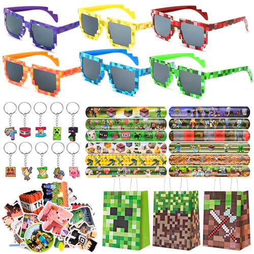 WuGU 81 Stück Gamer Mitgebsel Kindergeburtstag,12 Spiel Slap Armband,50 Spiel Aufkleber,10 Spiel Schlüsselanhänger,6 Pixel Brille,3 Geschenktüten Miner Kindergeburtstag Mitgebsel für Kinder Geschenke von WuGU