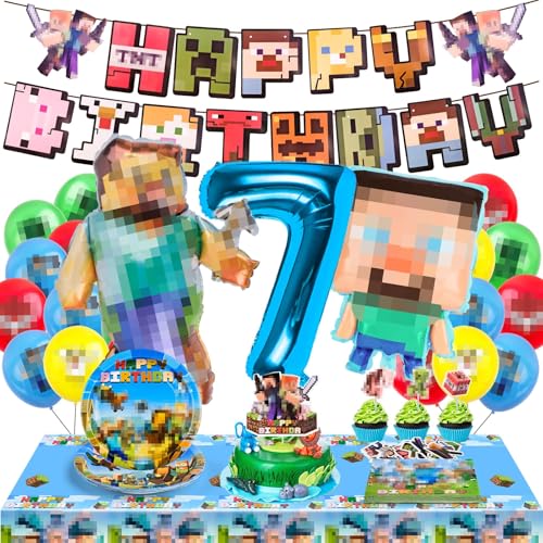 WuGU Geburtstagsdeko 7 Jahre, 65 pcs Geburtstagsdeko Kinder, Geburtstagsdeko Jungen, Party Supplies mit Folienballon Geburtstag, Pappteller, Tischdecke, Luftballon, Banner, Serviettenfür 10 Gäste von WuGU