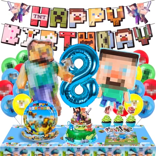 WuGU Geburtstagsdeko 8 Jahre, 65 pcs Geburtstagsdeko Kinder, Geburtstagsdeko Jungen, Party Supplies mit Folienballon Geburtstag, Pappteller, Tischdecke, Luftballon, Banner, Serviettenfür 10 Gäste von WuGU