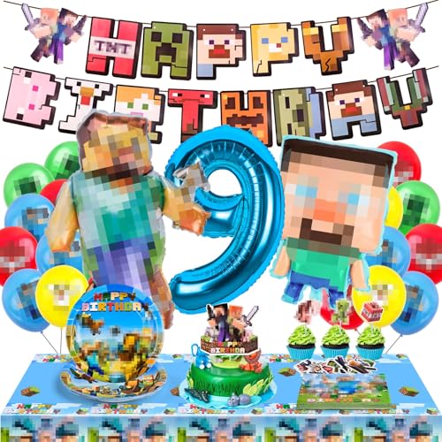 WuGU Geburtstagsdeko 9 Jahre, 65 pcs Geburtstagsdeko Kinder, Geburtstagsdeko Jungen, Party Supplies mit Folienballon Geburtstag, Pappteller, Tischdecke, Luftballon, Banner, Serviettenfür 10 Gäste von WuGU
