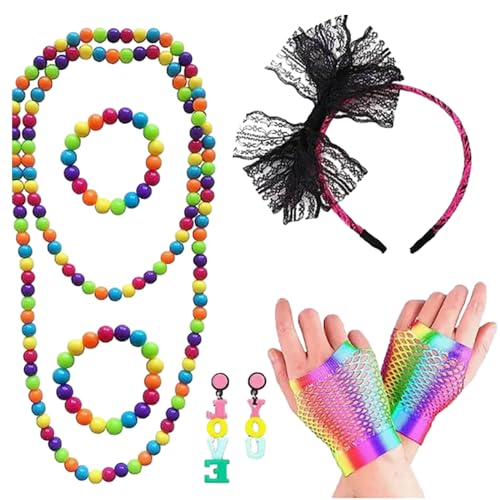 Women's 80s Outfit Costume Accessories Set Earrings Fishnet Gloves Necklace Bracelet Lace Headband For Halloween Party von WuLi77