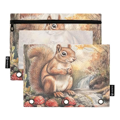 Aesthetic Eichhörnchen A River 3 Ringe Binder Federmäppchen Bleistifttasche mit Reißverschluss Set mit 2 recycelten Aufbewahrungstaschen Aufbewahrungsbehälter von Wudan