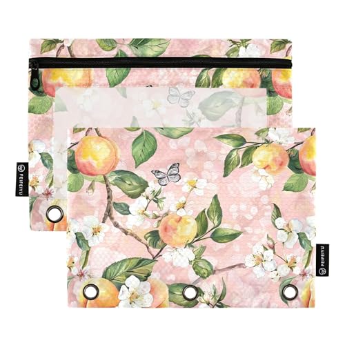 Aquarell-Bleistifttasche mit Reißverschluss, Retro, Pfirsiche, Blumen, Schmetterling, Pink, 3 Ringe, Bleistifttasche mit Reißverschluss, 2 Stück, Kunststoff-Aufbewahrungstasche, Bürobedarf von Wudan