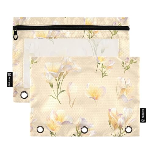 Beauty Freesia Federmäppchen mit 3 Ringen, mit Reißverschluss, transparent, Make-up-Tasche, Schreibwaren, Beige, 2 Stück von Wudan