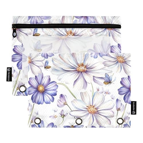 Beauty Osteospermum Federmäppchen mit 3 Ringen und Reißverschluss, 2 Stück, wasserdichte Aufbewahrungstasche, Schreibwarenzubehör, Weiß von Wudan