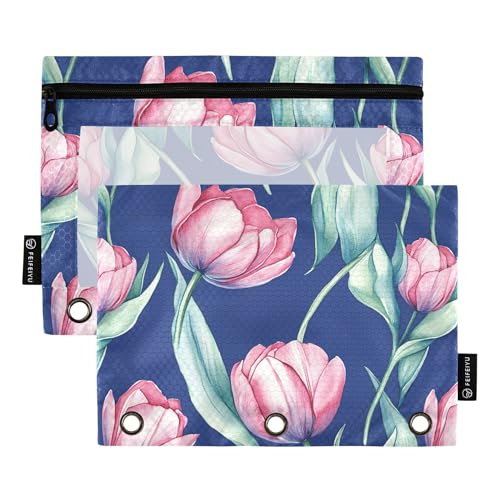 Beauty Tulips Federmäppchen mit 3 Ringen und Reißverschluss, 2 Stück, recycelte Make-up-Tasche, Schreibwarenzubehör Beauty Tulips Federmäppchen mit 3 Ringen und Reißverschluss, 2 Stück, recycelte Make-up-Tasche, Schreibwarenzubehör von Wudan