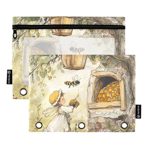 Bee Collecting Honey Beehive 3 Ringe Binder Federmäppchen Bleistift Etui mit Reißverschluss 2 Stück wasserdichte Kosmetiktasche Büro Organizer von Wudan