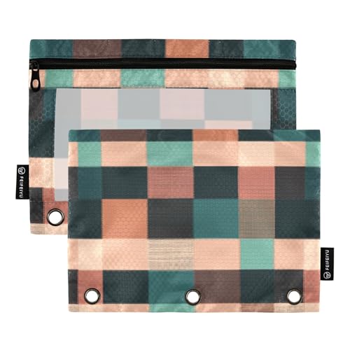 Buffalo Plaid Check Teal Rose Gold 3 Ringe Binder Federmäppchen mit Reißverschluss Set mit 2 Kunststoff-Make-up-Taschen Bürobedarf von Wudan