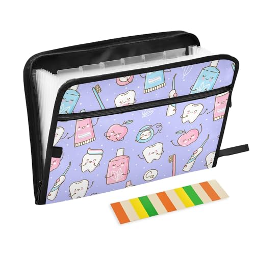 Dokumentenmappe mit niedlichen Zähnen und Gegenständen, Zahnpflege auf Violett, 13 Taschen, A4, Briefform, mit Tasche mit Reißverschluss, Ordner für Schule, Akordian, Aktenhalter, Bürobedarf Dokumentenmappe mit niedlichen Zähnen und Gegenständen, Zahnpflege auf Violett, 13 Taschen, A4, Briefform, mit Tasche mit Reißverschluss, Ordner für Schule, Akordian, Aktenhalter, Bürobedarf von Wudan