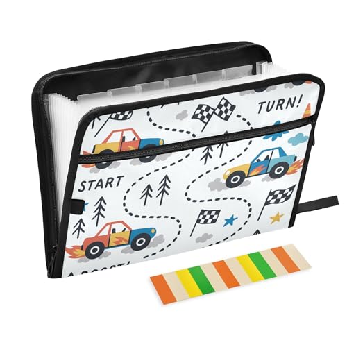 Erweiterbarer Aktenordner mit Spielzeug-Rennwagen, 13 Taschen, A4, Briefform, mit Verschluss mit Reißverschluss, für Bibliothekar, Büro, Dokumenten-Organizer von Wudan