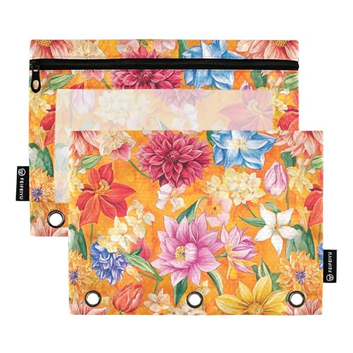 Federmäppchen mit 3 Ringen, Dahlie, Dahlie, Narzissen, Orange, Federmäppchen mit Reißverschluss, 2 Stück, Kunststoff-Make-up-Tasche, Aufbewahrungsbehälter Federmäppchen mit 3 Ringen, Dahlie, Dahlie, Narzissen, Orange, Federmäppchen mit Reißverschluss, 2 Stück, Kunststoff-Make-up-Tasche, Aufbewahrungsbehälter von Wudan