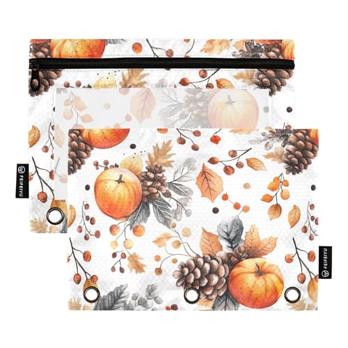 Federmäppchen mit 3 Ringen, Herbst-Pupmkins-Blätter, Bleistiftbeutel mit Reißverschluss, 2 Stück, Kunststoff-Kosmetiktasche, Schreibwarenbedarf von Wudan