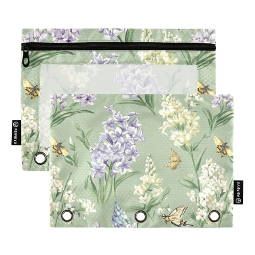 Federmäppchen mit 3 Ringen, Motiv: Blumen, Hyazinthen, Pfingstrosen, Bienen, Salbeigrün, Federmäppchen mit Reißverschluss, 2 Stück, wasserdicht, Make-up-Tasche, Schreibwarenzubehör Federmäppchen mit 3 Ringen, Motiv: Blumen, Hyazinthen, Pfingstrosen, Bienen, Salbeigrün, Federmäppchen mit Reißverschluss, 2 Stück, wasserdicht, Make-up-Tasche, Schreibwarenzubehör von Wudan