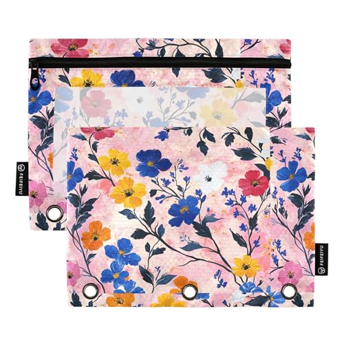 Federmäppchen mit 3 Ringen, Motiv: Blumen, Hyazinthen, Pfingstrosen, Iris, Pink, Federmäppchen mit Reißverschluss, 2 Stück, recycelte Make-up-Tasche, Bürobedarf von Wudan