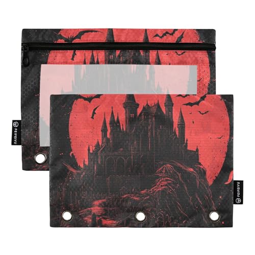 Federmäppchen mit 3 Ringen, Motiv: Gothic-Stil, Vampirschloss, Federmäppchen mit Reißverschluss, recycelte Aufbewahrungstasche, Schreibwaren-Organizer, Zubehör von Wudan