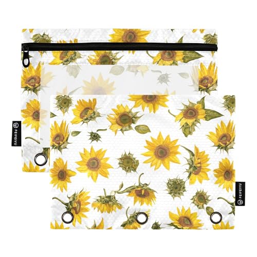 Federmäppchen mit 3 Ringen, Motiv: Sonnenblumen, Weiß, 2 Stück, transparente Make-up-Tasche, Schreibwarenzubehör von Wudan