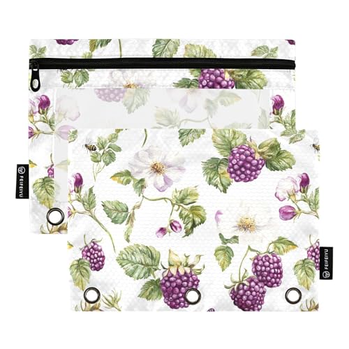 Federmäppchen mit 3 Ringen, Motiv: frische Dewberry Fruit White 3-Ringe, Bleistiftbeutel mit Reißverschluss, 2 Stück, recycelte Make-up-Tasche, Schreibwarenzubehör von Wudan