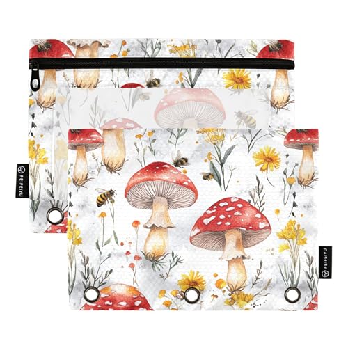 Federmäppchen mit 3 Ringen, Motiv: rote Pilze, Blumen, Bleistifttasche mit Reißverschluss, 2 Stück, wasserdichte Kosmetiktasche, Schreibwarenzubehör von Wudan