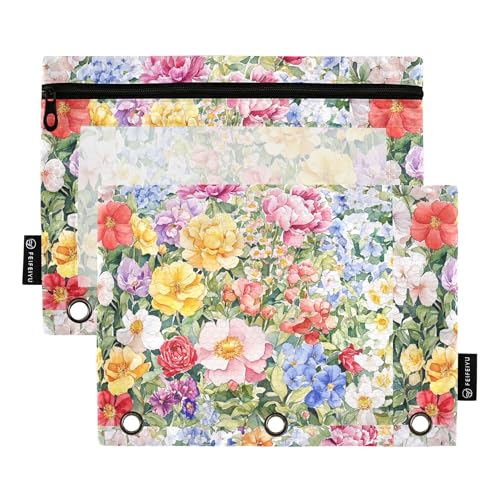 Federmäppchen mit 3 Ringen, Pfingstrosen, Geranie, Rose, Weiß, Federmäppchen mit Reißverschluss, 2 Stück, Ordner, Kosmetiktasche, Schreibwaren-Organizer, Zubehör von Wudan