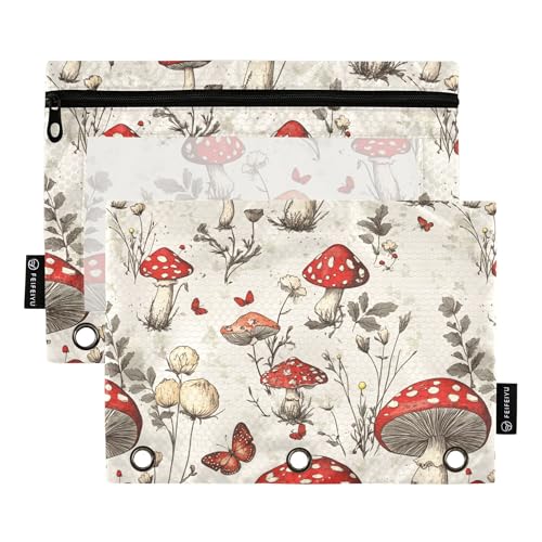 Federmäppchen mit 3 Ringen, Retro, Rot, Pilze, Blumen, Retro, Beige, Bleistifttasche mit Reißverschluss, 2 Stück, recycelte Kosmetiktasche, Schreibwaren-Organizer, Zubehör Federmäppchen mit 3 Ringen, Retro, Rot, Pilze, Blumen, Retro, Beige, Bleistifttasche mit Reißverschluss, 2 Stück, recycelte Kosmetiktasche, Schreibwaren-Organizer, Zubehör von Wudan