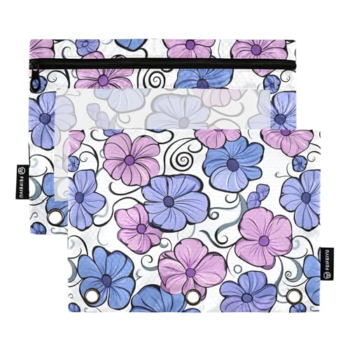 Federmäppchen mit 3 Ringen, Sommerblumen, blau, rosa, Federmäppchen mit Reißverschluss, 2 Stück, wasserdichte Make-up-Tasche, Aufbewahrungsbehälter von Wudan