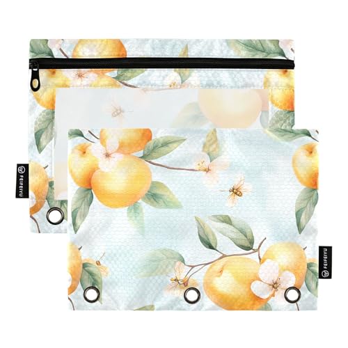 Federmäppchen mit 3 Ringen, niedliches Aprikosenfrucht, silberfarben, Federmäppchen mit Reißverschluss, 2 Stück, wasserdichte Make-up-Tasche, Aufbewahrungsbehälter von Wudan