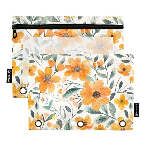 Federmäppchen mit 3 Ringen, niedliches Sommer-Design, orangefarbene Blumen, Federmäppchen mit Reißverschluss, 2 Stück, recycelte Aufbewahrungstasche, Schreibwarenbedarf von Wudan