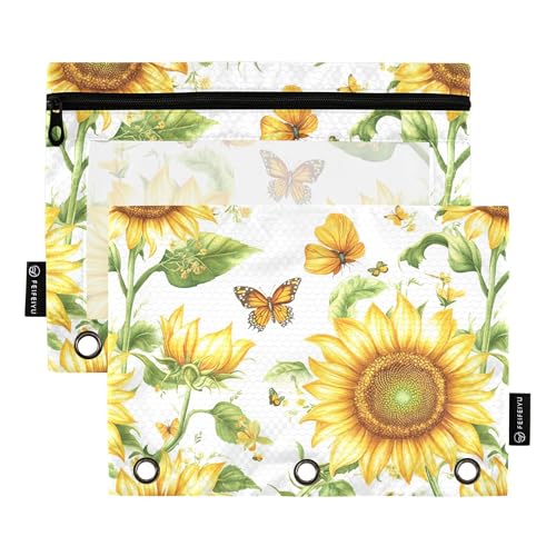 Federmäppchen mit 3 Ringen, niedliches Sonnenblumen-Design, mit Reißverschluss, transparent, Make-up-Tasche, Schreibwaren-Organizer, Zubehör, 2 Stück von Wudan