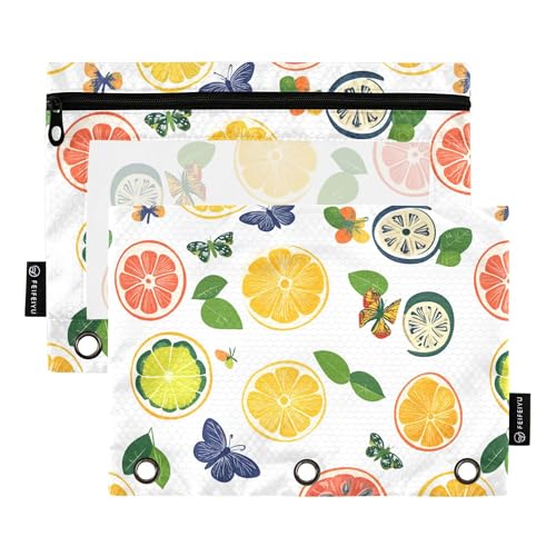 Federmäppchen mit 3 Ringen und Reißverschluss, 2 transparente Kosmetiktasche, Aufbewahrungsbehälter mit niedlichem Kumquat von Wudan