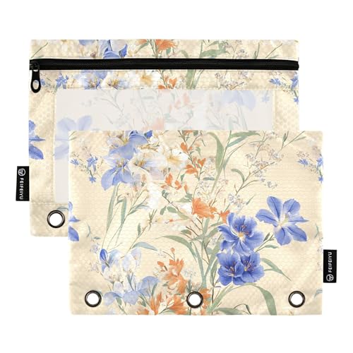 Federmäppchen mit Blumenmotiv, Delphinium, Tageslilie, Beige, 3 Ringe, Federmäppchen mit Reißverschluss, 2 Stück, wasserdichte Make-up-Tasche, Büro-Organizer Federmäppchen mit Blumenmotiv, Delphinium, Tageslilie, Beige, 3 Ringe, Federmäppchen mit Reißverschluss, 2 Stück, wasserdichte Make-up-Tasche, Büro-Organizer von Wudan