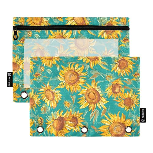 Federmäppchen mit Cartoon-Sonnenblumen-Motiv, 3 Ringe, Federmäppchen mit Reißverschluss, 2 Stück, Ordner, Aufbewahrungstasche, Aufbewahrungsbehälter von Wudan