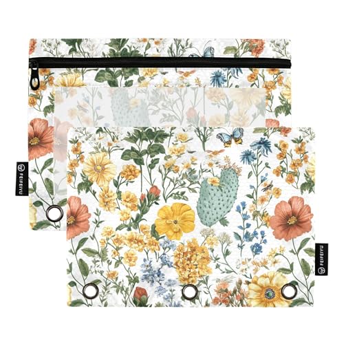 Federmäppchen mit Frühlingsblumen, Kaktus, Snapdragon, weiß, 3 Ringe, Federmäppchen mit Reißverschluss, 2 Stück, Kunststoff-Kosmetiktasche, Schreibwarenzubehör von Wudan