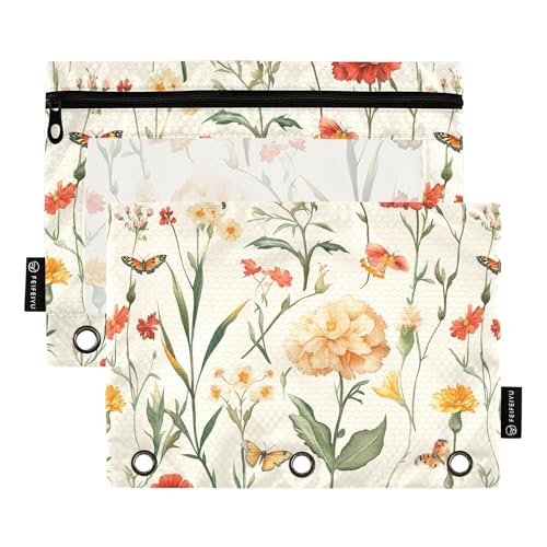 Federmäppchen mit Herbstblumen, Nelke, Schmetterlinge, Beige, 3 Ringe, Bleistifttasche mit Reißverschluss, 2 Stück, transparente Dokumententasche, Schreibwarenzubehör Federmäppchen mit Herbstblumen, Nelke, Schmetterlinge, Beige, 3 Ringe, Bleistifttasche mit Reißverschluss, 2 Stück, transparente Dokumententasche, Schreibwarenzubehör von Wudan