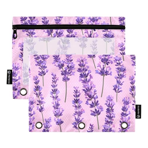 Federmäppchen mit Reißverschluss, 3 Ringe, Lavendel, Hot Pink, 2 Stück, recycelte Kosmetiktasche, Schreibwaren von Wudan
