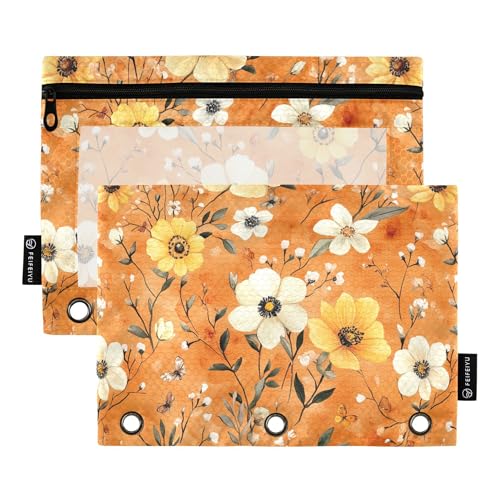 Federmäppchen mit Reißverschluss, Motiv: Herbstblumen, Narzissen, Anemone, Terrakotta, 3 Ringe, Federmäppchen mit Reißverschluss, 2 Stück, wasserdichte Aufbewahrungstasche, Schreibwarenbedarf von Wudan