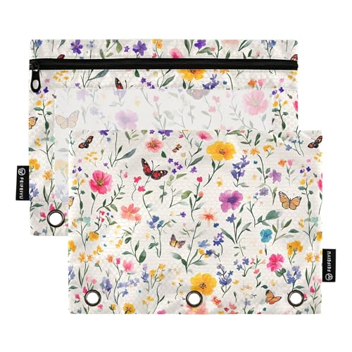 Federmäppchen mit Reißverschluss, Motiv: Sommerblumen, Rose, Schmetterlinge, 3 Ringe, Federmäppchen mit Reißverschluss, 2 Stück, wasserdicht, Make-up-Tasche, Schreibwarenzubehör von Wudan