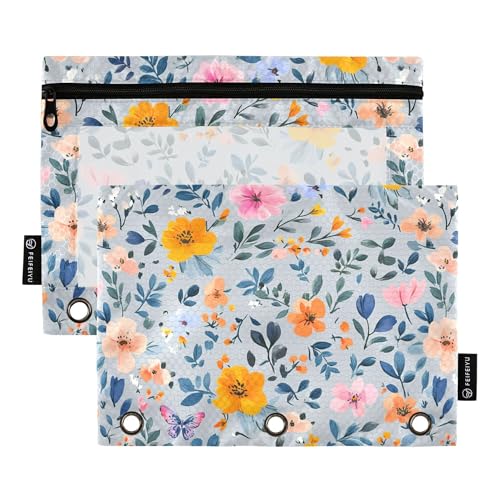 Federmäppchen mit Sommerblumen, Rose, Tulpen, Schmetterlinge, Silber, 3 Ringe, Federmäppchen mit Reißverschluss, 2 Stück, transparente Aufbewahrungstasche, Schreibwarenzubehör von Wudan