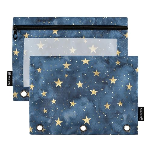 Federmäppchen mit glitzernden Sternen auf marineblau, 3 Ringe, Federmäppchen mit Reißverschluss, 2 Stück, Kunststoff-Kosmetiktasche, Schreibwarenzubehör von Wudan
