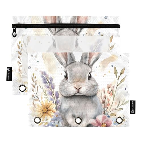 Federmäppchen mit niedlichem Hasenblüte, Ostern, 3 Ringe, Federmäppchen mit Reißverschluss, 2 Stück, wasserdichte Kosmetiktasche, Schreibwaren-Organizer Federmäppchen mit niedlichem Hasenblüte, Ostern, 3 Ringe, Federmäppchen mit Reißverschluss, 2 Stück, wasserdichte Kosmetiktasche, Schreibwaren-Organizer von Wudan