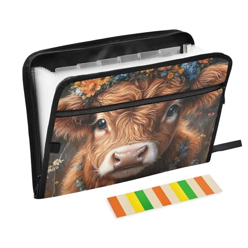 Hochlandkuh mit Blumenkrone, schwarz, erweiterbarer Ordner, 13 Taschen, A4, Briefformat, Ordner für Schule, mit Reißverschluss, für Bibliothekar, Schreibwaren, Organizer Hochlandkuh mit Blumenkrone, schwarz, erweiterbarer Ordner, 13 Taschen, A4, Briefformat, Ordner für Schule, mit Reißverschluss, für Bibliothekar, Schreibwaren, Organizer von Wudan