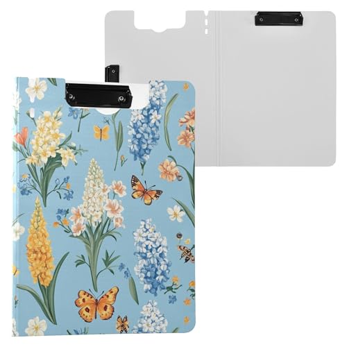 Klemmbrett mit Frühlingsblumen, Hyazinthen, Schmetterlinge, Blau, Klemmbrett mit Aufbewahrung, horizontal und vertikal, Doppelklammern, Klemmbrett mit festem Einband, Folio-Ordner, Coaching Trade von Wudan