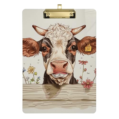 Klemmbrett mit Highland-Kuh auf Holzblumen, A4, 31,8 x 22,9 cm, transparent, mit flachem Profil-Clip für Lehrer, Basketball-Trainer von Wudan
