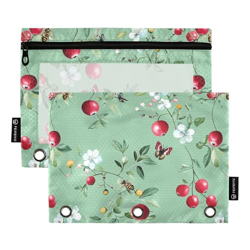 Lustiges Federmäppchen mit 3 Ringen und Cranberries Obst Salbeigrün Federmäppchen mit Reißverschluss, Set mit 2 Kunststoff-Kosmetiktaschen, Schreibwarenzubehör von Wudan