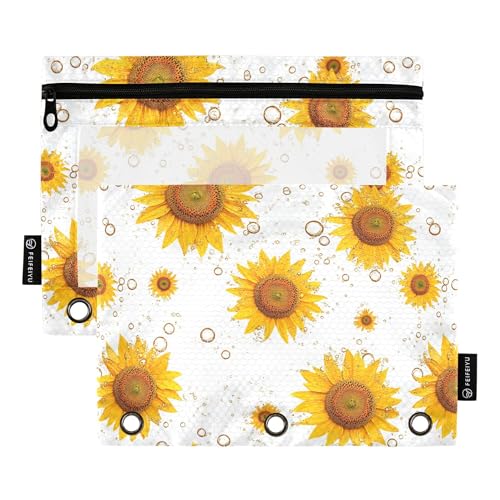 Lustiges Federmäppchen mit Sonnenblumen-Motiv, weiß, 3 Ringe, Federmäppchen mit Reißverschluss, recycelte Aufbewahrungstasche, Schreibwarenzubehör, 2 Stück von Wudan