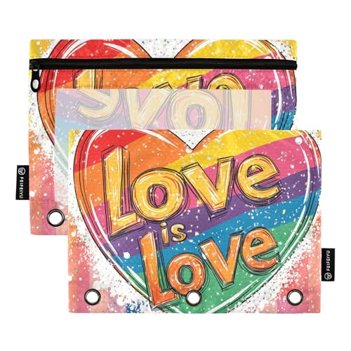 Pride Month Federmäppchen mit 3 Ringen, Regenbogen-Herzen, Federmäppchen mit Reißverschluss, 2 Stück, wasserdichte Kosmetiktasche, Schreibwaren-Organizer, Zubehör von Wudan