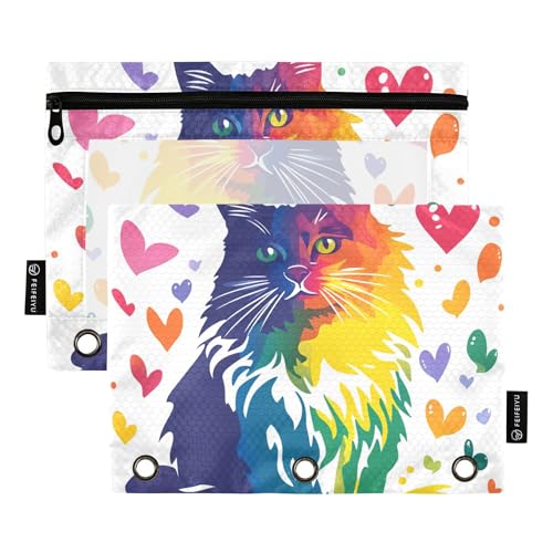 Rainbow Pride Month Federmäppchen mit buntem Katzenherzen, 3 Ringe, Federmäppchen mit Reißverschluss, 2 Stück, Kunststoff-Kosmetiktasche, Schreibwaren-Organizer, Zubehör von Wudan