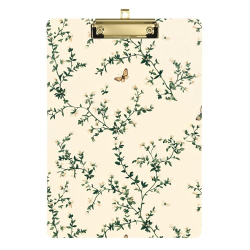 Retro-Klemmbrett aus Acryl, Motiv: Schmetterlinge, Kräuter, Beige, A4, 31,8 x 22,9 cm, Kunststoff-Klemmbrett mit flachem Profil-Clip für Beobachtungsaufzeichnung, Klassenzimmer von Wudan