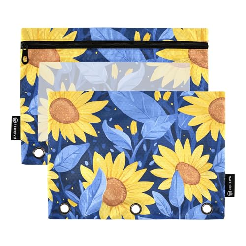 Schönes Federmäppchen mit 3 Ringen, Motiv: Sonnenblumen, Federmäppchen mit Reißverschluss, 2 Stück, Kunststoff-Make-up-Tasche, Schreibwaren-Organizer von Wudan
