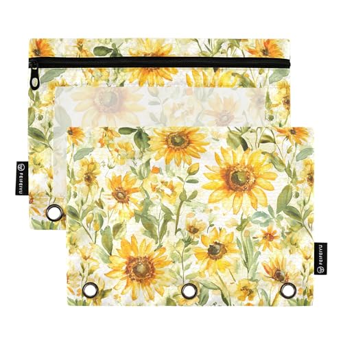 Sunflower Summer Gloden Federmäppchen mit 3 Ringen, Federmäppchen mit Reißverschluss, 2 Stück, transparente Kosmetiktasche, Schreibwarenzubehör von Wudan